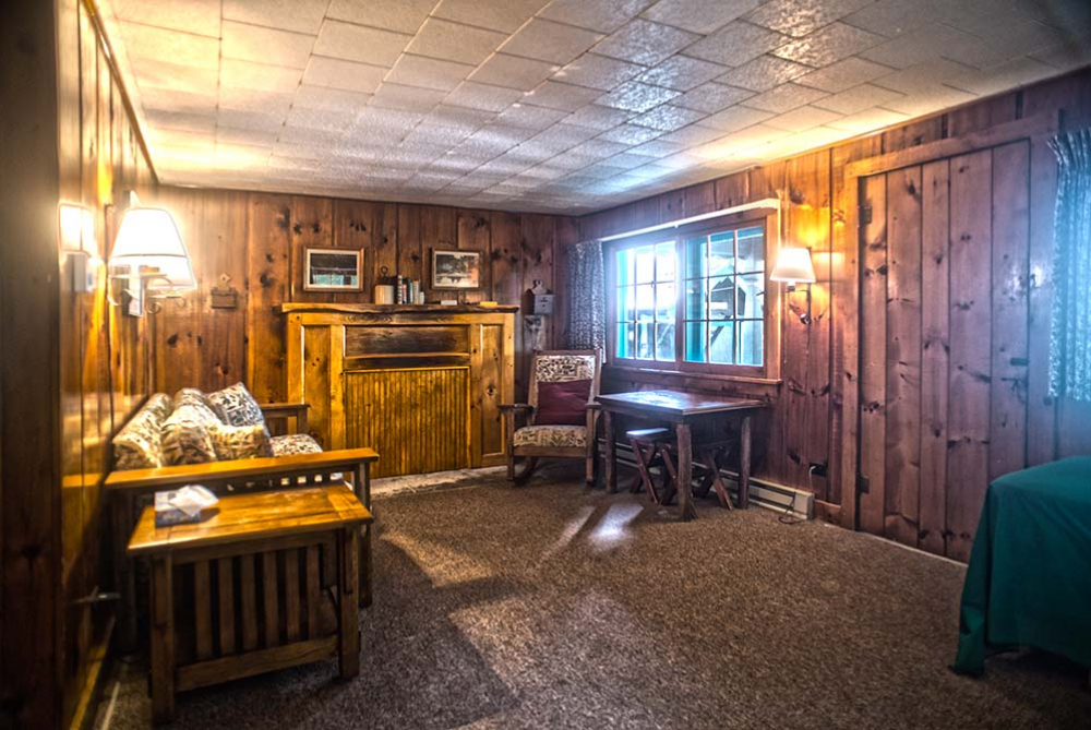 cabin with wood panel walls